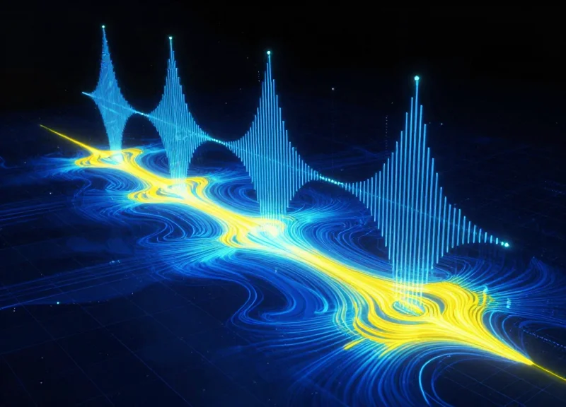 Abstract visualization of electromagnetic signal coverage and sensitivity mapping in an aisle space.