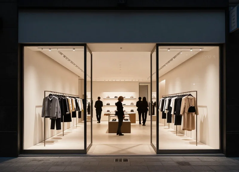 A modern, high-end luxury fashion boutique with a wide open 10-meter entrance, showing no visible security pedestals for a clean aesthetic.