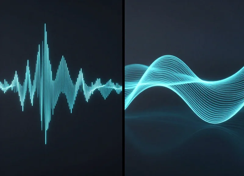 Side-by-side visual comparison of two different electronic signal waves representing AM and RF technology patterns in a high-tech studio setting.