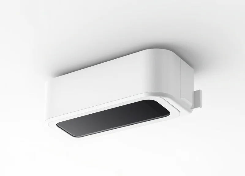 A sleek, minimalist white overhead EAS sensor unit showing advanced 2026 industrial design on a pure white background.