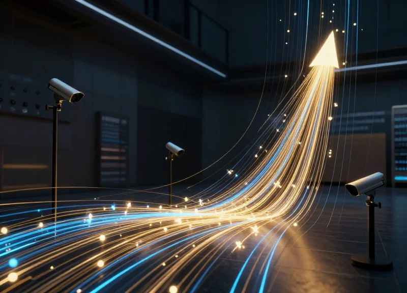 Futuristic abstract visualization of interconnected security data points in a retail environment.
