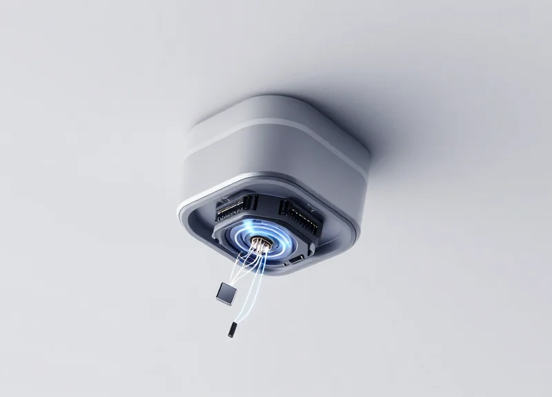 Isometric 3D model of hybrid EAS and RFID security hardware integration