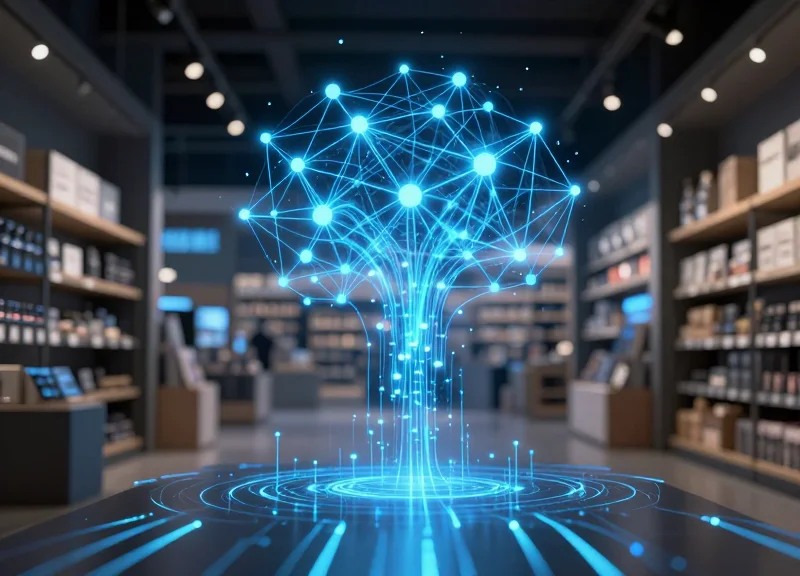 Abstract visualization of AI data streams in retail security