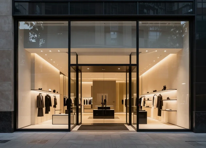 A luxurious high-end boutique entrance featuring sleek, modern glass doors and minimalist security aesthetics.