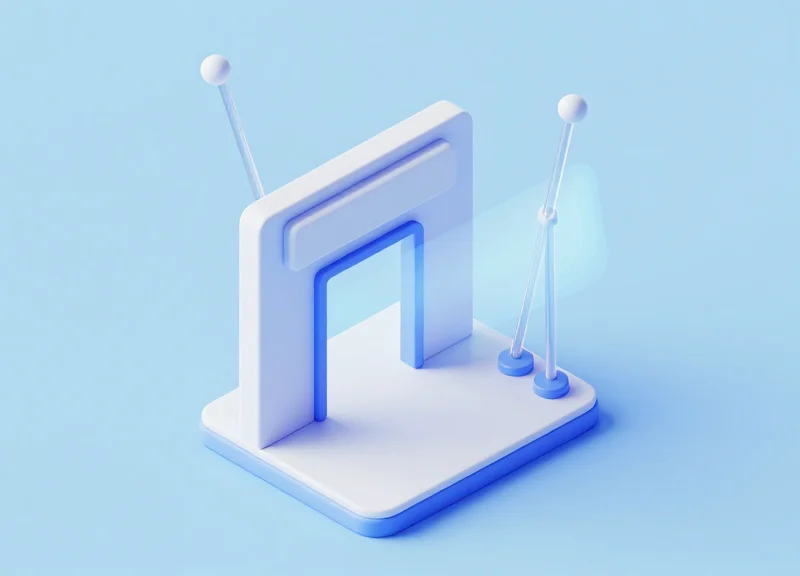 Isometric 3D model of a store entrance showing the detection range between two acrylic antennas.