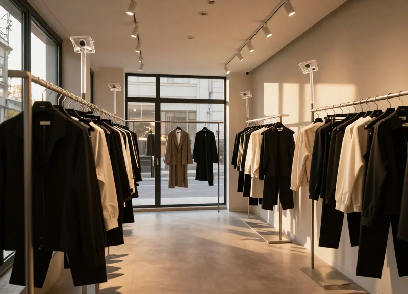 The interior of a high-end luxury clothing boutique with elegant lighting and modern security antennas at the entrance.
