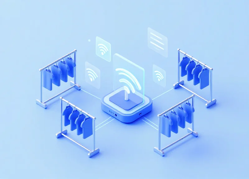 3D isometric model showing the wireless interaction between RFID clothing tags and acrylic EAS gate systems.