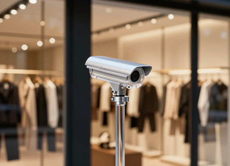 A sleek, transparent acrylic EAS security antenna standing at the entrance of a modern retail boutique.