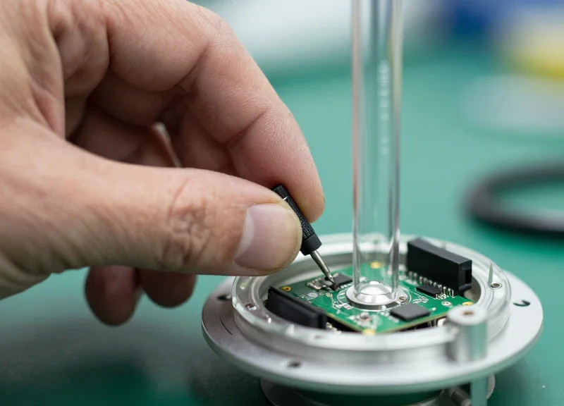 A close-up of a technician's hand adjusting the internal components of an EAS antenna for sensitivity calibration.