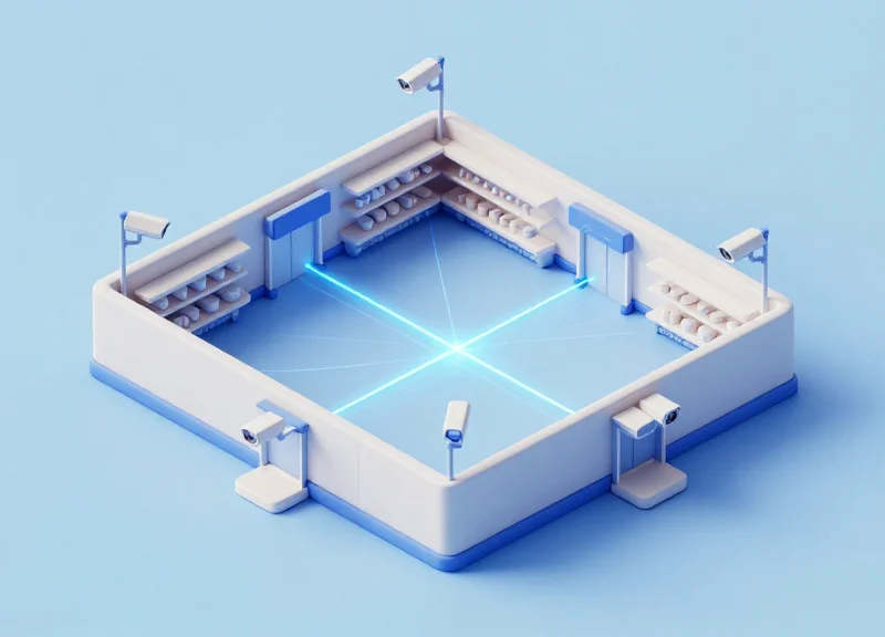 Isometric 3D model showing a network of multiple security antennas synchronized across a large store layout.
