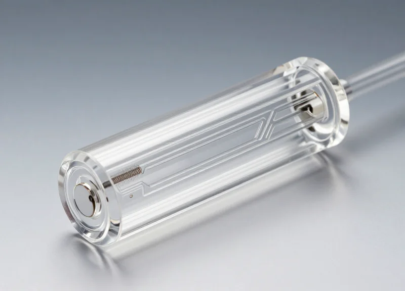 Close-up of a transparent acrylic antenna showing fine internal circuitry