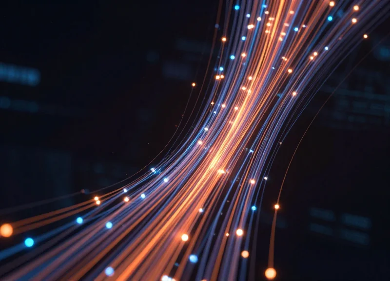 Abstract visualization of glowing light trails and nodes representing ROI growth and data analysis.