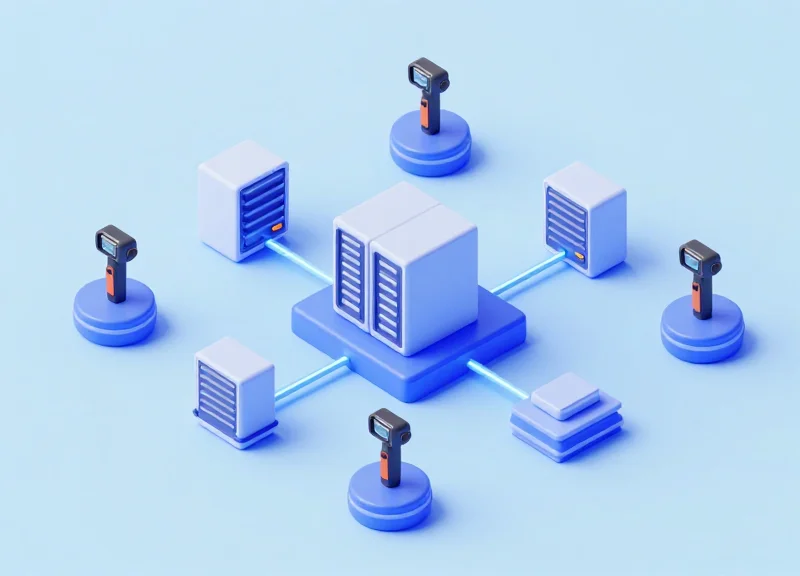 Isometric 3D model of a retail ecosystem showing EAS pedestals, RFID scanners, and digital shelf tags.
