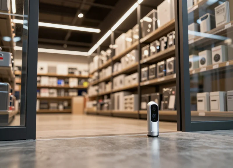The interior of a high-end hardware store with aesthetic security sensors that blend into the modern architecture.