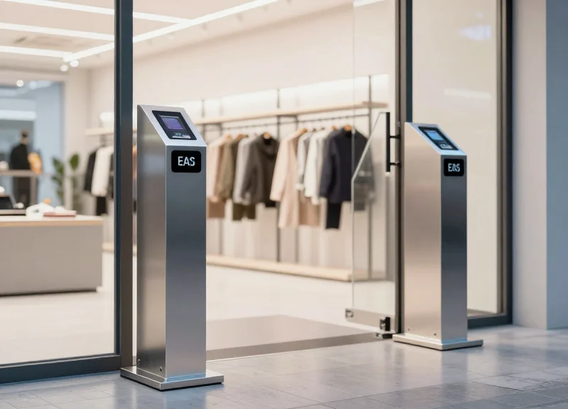 A modern retail store entrance with reinforced aluminum security pedestals installed.