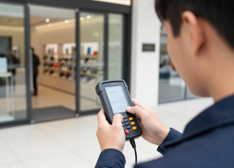 A technician performing an electromagnetic survey at a store entrance with a handheld device.