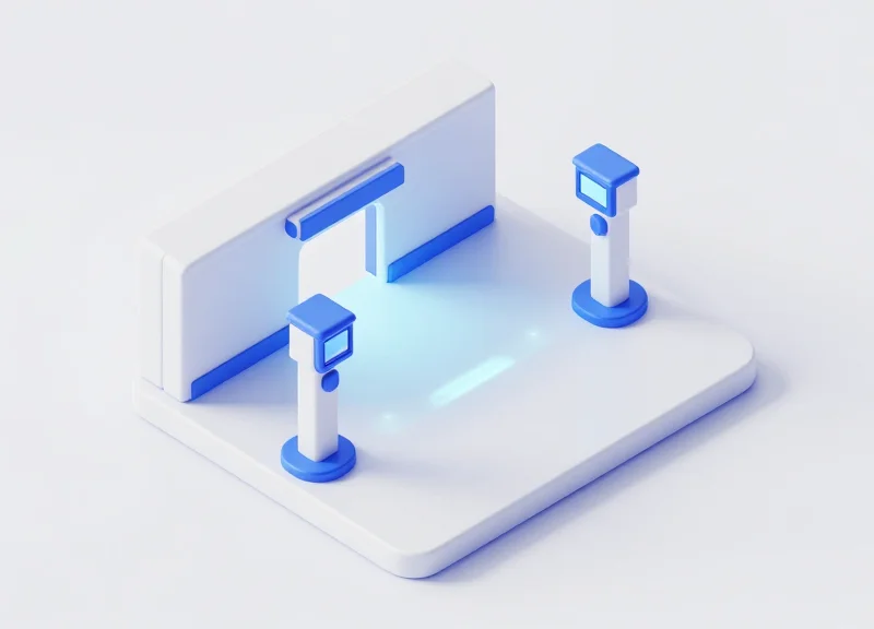 Isometric 3D layout showing optimal spacing between two security pedestals.