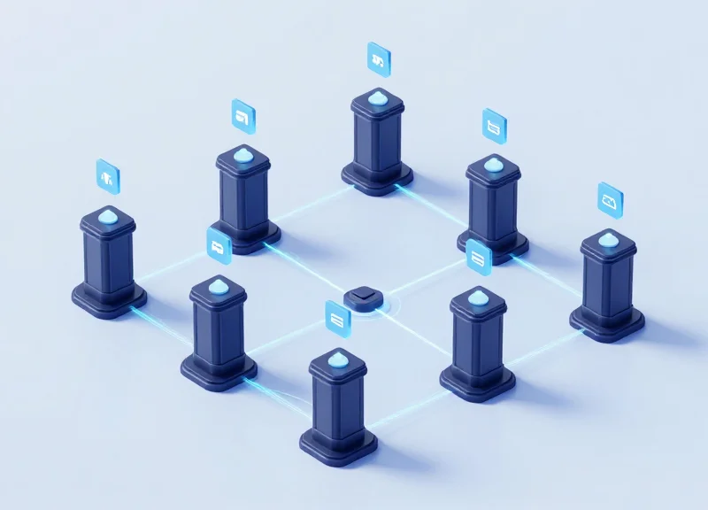 3D illustration of multiple security systems synchronized through a network.