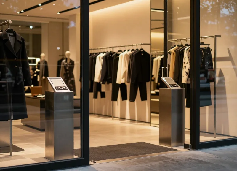 Industrial metal security pedestals at the entrance of a luxury boutique.