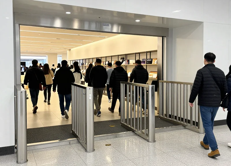 Metal security gates at a high-traffic department store exit.