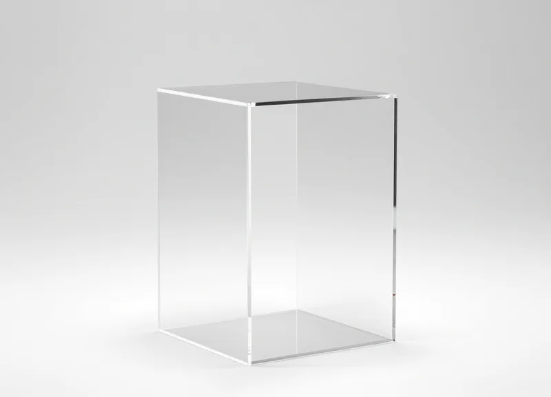 A minimalist transparent acrylic EAS security pedestal on a clean white background.