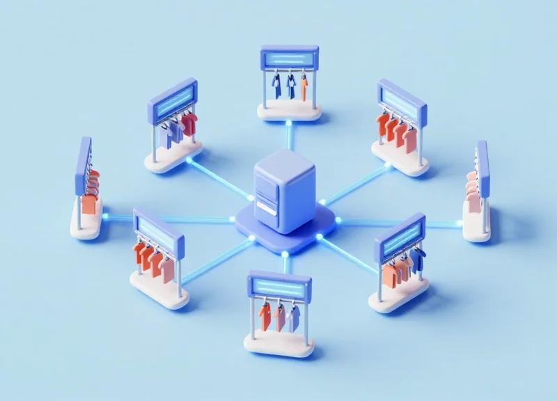 Isometric 3D model showing the integration of RFID tags and digital shelf labels in a retail system.
