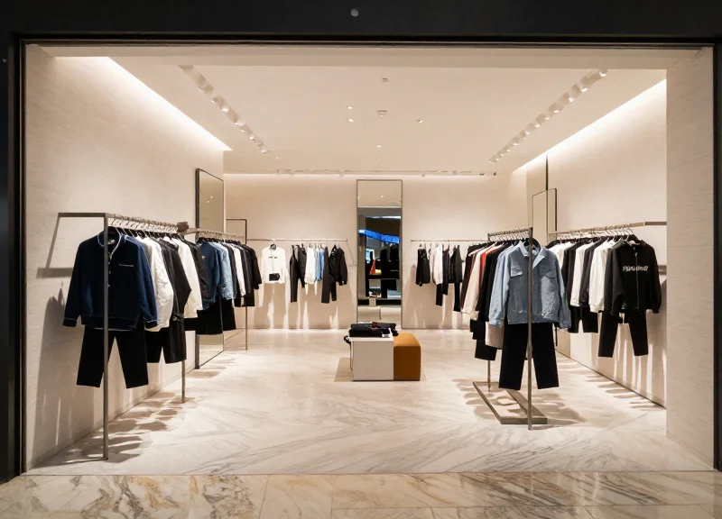 A modern luxury retail flagship store with high-end clothing and elegant interior lighting.