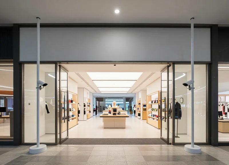 A wide department store entrance featuring modern security pedestals with a broad space between them.