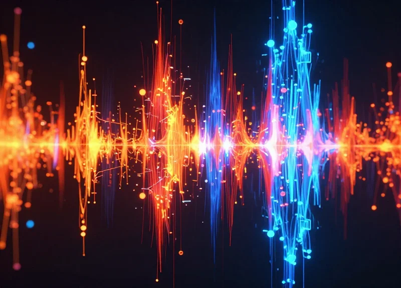 Abstract visualization of electromagnetic interference as glowing chaotic waves near a security gate.