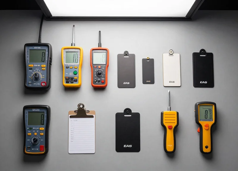 Professional electronic calibration tools and security tags neatly arranged on a workbench.