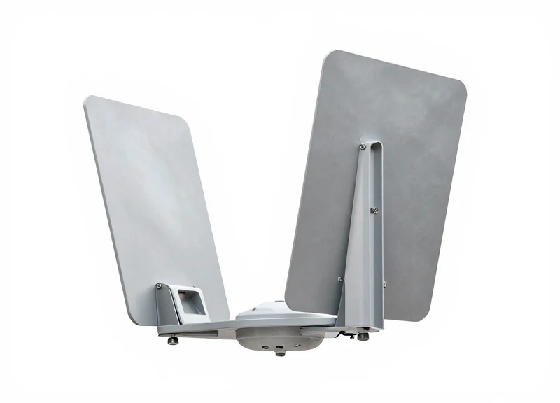 A close-up studio shot of a security antenna featuring integrated metallic shielding.