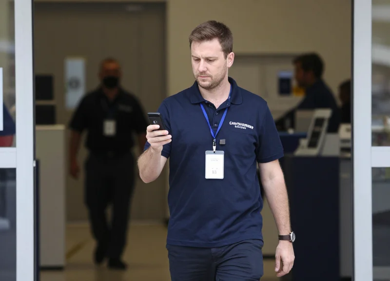 A technician walking through security gates while holding a test tag to verify detection coverage.