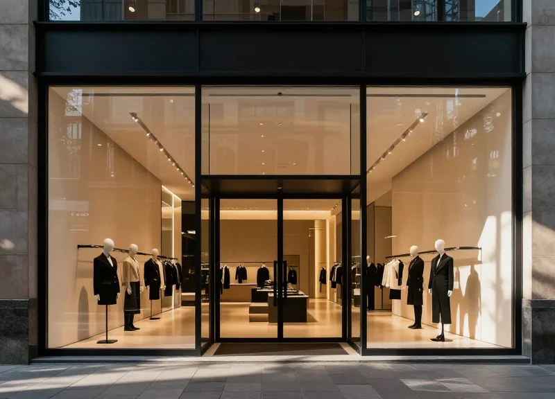 Wide and modern luxury retail store entrance with high ceilings and minimalist design.