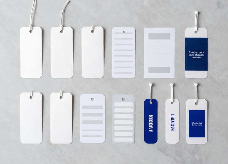 A collection of various retail security tags including hard tags and labels neatly arranged.
