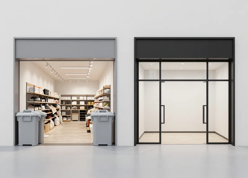 Side-by-side comparison of a cluttered boutique entrance with bulky pedestals versus a clean entrance with integrated EAS