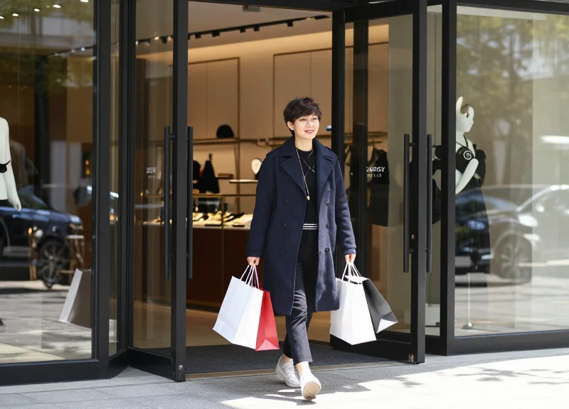 A happy customer walking through an open store entrance with shopping bags, emphasizing an unobstructed experience.