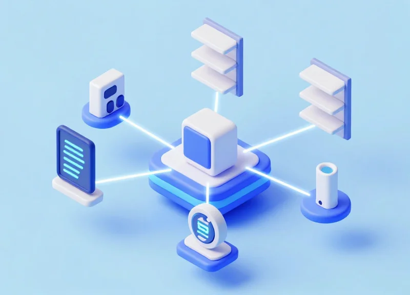 Isometric 3D model of connected retail technology modules including RFID and ESL sensors.