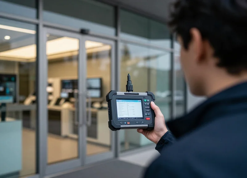 A professional technician conducting a site survey at a high-end retail storefront.