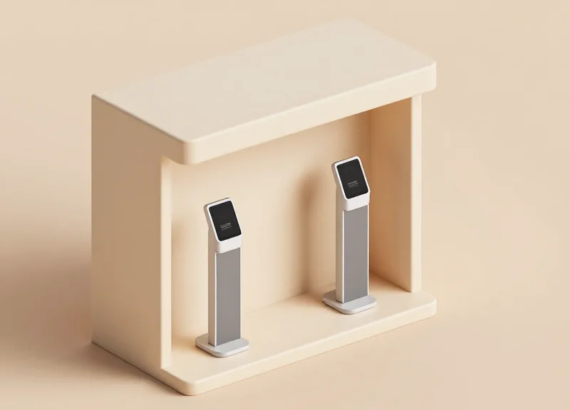Isometric 3D model showing the correct placement of EAS pedestals at a store entrance.