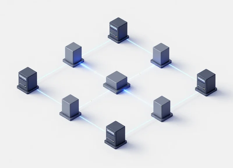 Isometric view of multiple networked EAS systems with synchronization indicators.