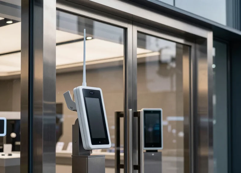 A close-up of a sleek electronic article surveillance security pedestal standing at a modern store entrance with brushed metal frames and glass doors.