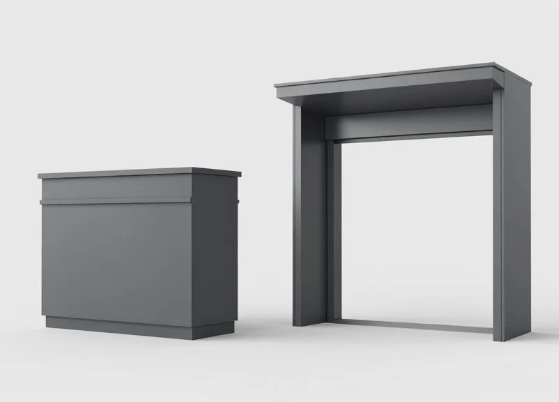 A side-by-side comparison of a traditional bulky retail security pedestal next to a modern seamless doorway with integrated security.