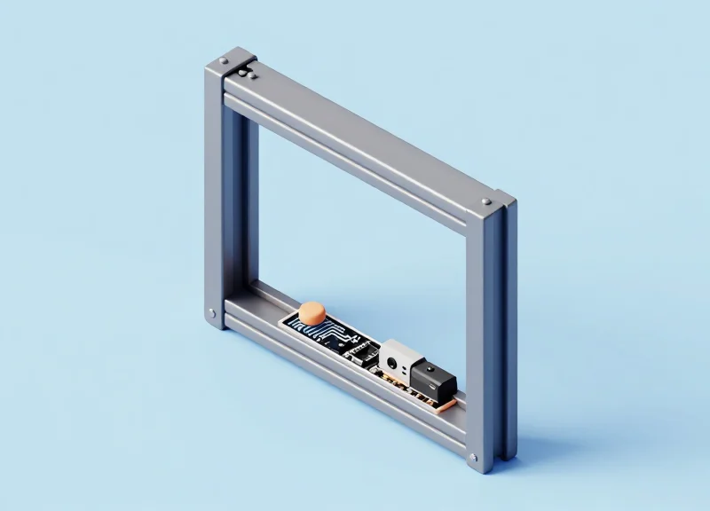 3D isometric view of a door frame with hidden electronic security components shown inside.