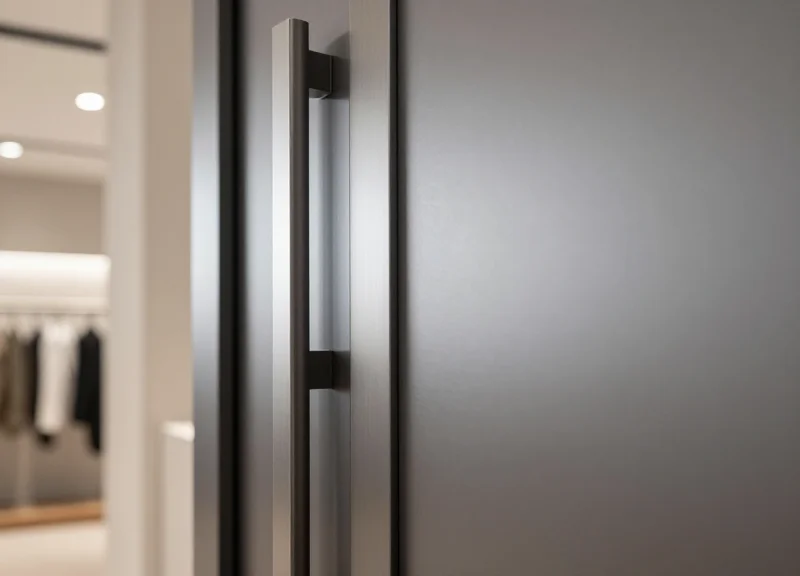 A close-up detail of a professional integrated door frame installation in a modern shop.