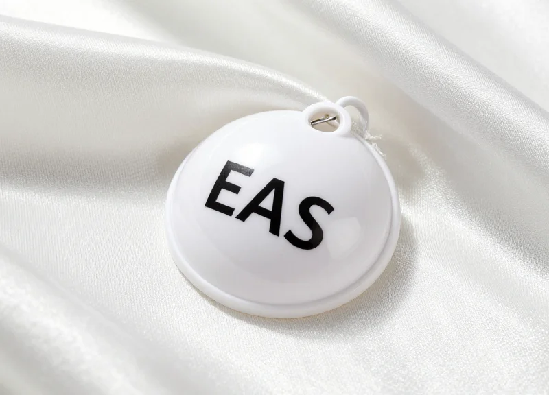 A smooth dome-shaped white security tag attached to a silk garment