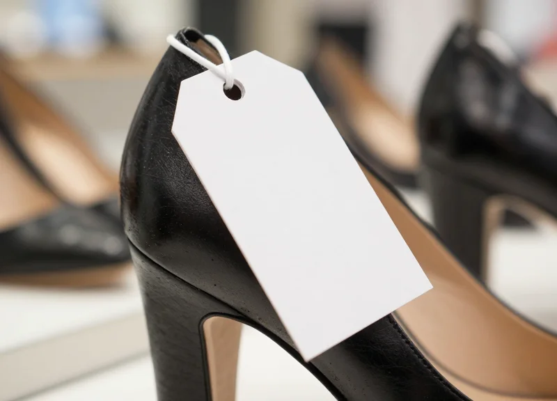 Close-up shot of a security tag correctly placed on the side of a luxury sneaker in a retail store.