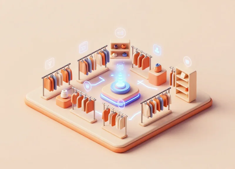 Isometric 3D model of a retail store with digital icons representing RFID inventory tracking.