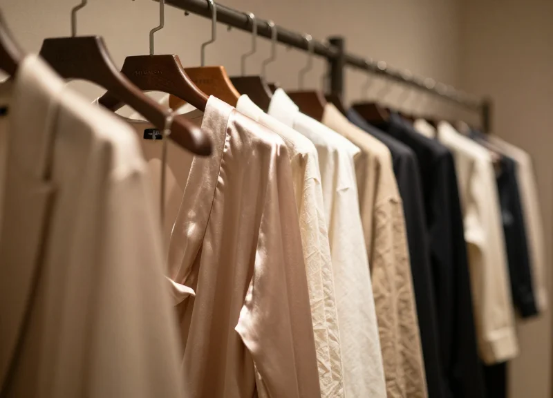 Close-up of high-end garments on a retail rack in a boutique.