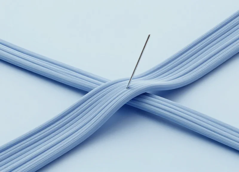 Abstract visualization of a pin passing through fabric fibers without breaking them.