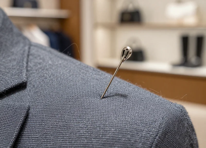 A macro close-up photograph of a professional security tag pin being inserted into a piece of high-end silk fabric, showcasing the precise application without any snags or damage.